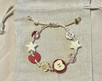 Handmade Ceramic Apple Charm Bracelet, Cottagecore Beaded Jewelry, Adjustable Wristband