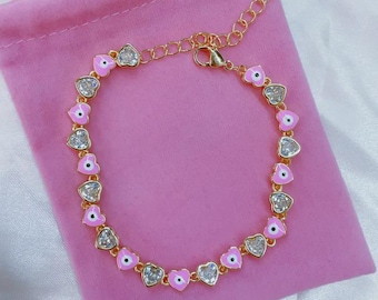 Pink Heart Eye Bracelet – 18K Gold Plated Charm Jewelry