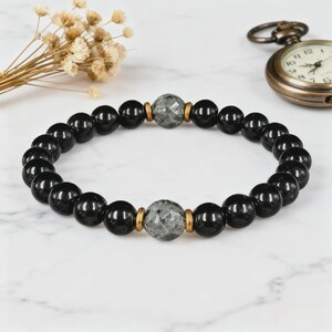Pulsera de obsidiana natural y turmalina negra – Cuentas de piedra negra pulidas hechas a mano imagen 6