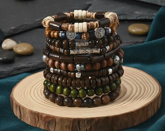 10Pcs/Set Random Men's And Women's Bohemian Style Fashion Wooden Beaded Bracelet, Handmade Chain
