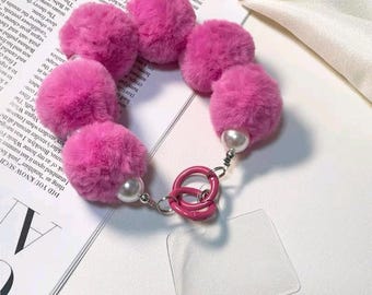 Plush Ball Phone Wrist Strap, Pearl Lanyard Chain, Keychain Purse Charm
