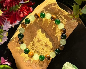 Handmade Green Aventurine Tiger Eye Beaded Bracelet, Natural Gemstone Stretch Crystal Bead