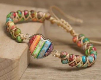 Boho Style Heart Charm Decor Beaded Bracelet, Multicolor Handmade Vintage Trendy Braid Design Bracelet