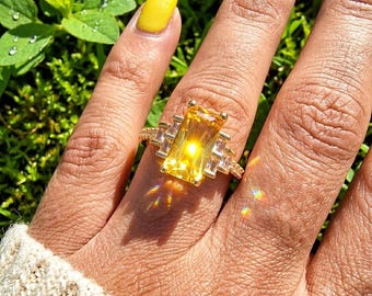 Adjustable Emerald Cut Crystal Ring, Gold Open Band, Yellow or Pink Gemstone Statement Jewelry