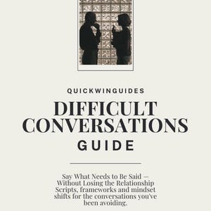 Könnte beinhalten: Buchcover mit dem Titel "Difficult Conversations Guide" in fetten, schwarzen Buchstaben. Das Cover enthält ein kleines Bild von zwei Personen in Silhouette. Der Text unter dem Titel lautet: "Say What Needs to Be Said - Without Losing the Relationship."