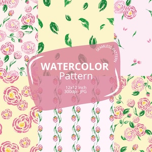 Pode incluir: Uma coleção digital de seis padrões de aquarela sem costura com rosas cor-de-rosa e folhas verdes em fundos rosa claro e creme. Uma sobreposição rosa central exibe o texto WATERCOLOR Pattern, 12x12 inch, 300dpi- JPG.