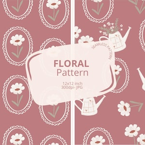 Pode incluir: Um padrão digital contínuo com fundo rosa seco, molduras ovais brancas contendo flores individuais e regadores brancos com pequenos arranjos florais. O texto diz: FLORAL Pattern 12x12 inch 300dpi-JPG.