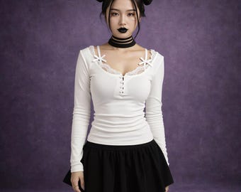 Halter Hals Lace Trim Boog Y2K T-shirt Slim Fit Lange Mouwen Button Up Leuke Balletcore Top Vrouwen Zwart wit Esthetische Tee