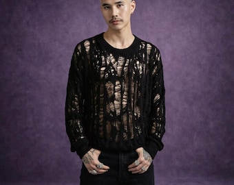 Suéter de punto vintage rasgado para hombre, estilo Y2K grunge, desgastado, con malla calada, cuello redondo, estilo streetwear, gótico, emo, estética urbana.