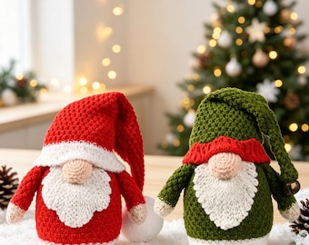Handmade Crochet Christmas Gnome Set, Santa Elf Tomte Figurines, Farmhouse Xmas Table Decor, Holiday Gift for Mom Friend Coworker