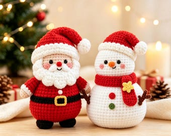 Handmade Crochet Christmas Plush Set, Santa Reindeer Snowman Amigurumi, Xmas Table Decor, Holiday Gift for Friends Coworkers and Family