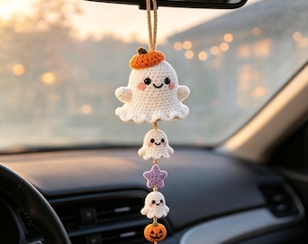 Handmade Crochet Halloween Car Charm, Cute Spooky Rearview Mirror Hanger, Thoughtful Fall Gift for Friends and Drivers