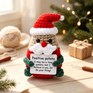 Könnte beinhalten: Eine gehäkelte Weihnachtsmannfigur mit beigem Gesicht, weißem Bart, roter Mütze und grünen Armen, die ein weißes Schild hält mit der Aufschrift: Positive potato. I may be a tiny potato, but I believe in you. Go do your thing!
