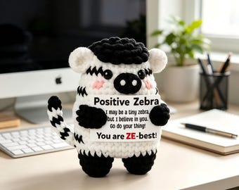 Handmade Crochet Positive Zebra Doll, Encouragement Pun Quote Card, Cute Mental Health Figurine, Desk Shelf Decor, Cheer‑Up Gift for Friends