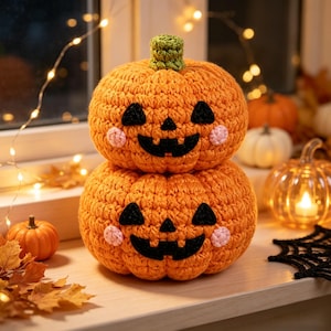 May include: A stacked pair of orange crocheted pumpkins featuring black yarn eyes, noses, and wide smiling mouths. Each pumpkin has small pink crocheted circles on the cheeks and a textured green stem on top, crafted with visible yarn stitches.