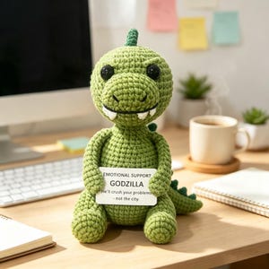 May include: A green crocheted dinosaur plush toy with black plastic eyes and white teeth. The dinosaur holds a white rectangular sign that reads: EMOTIONAL SUPPORT GODZILLA He'll crush your problems - not the city. The toy has a textured yarn surface.