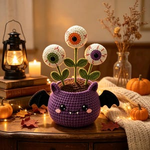 May include: A crocheted purple bat-shaped planter containing three crocheted flowers with white, orange, green, and purple eyeball-patterned centers. The bat pot features black wings, two small ears, white fangs, and pink cheeks on a round body.