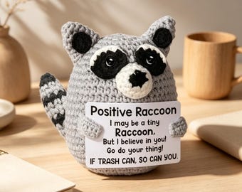 Crochet Positive Raccoon Plush, Funny Encouragement Desk Buddy for Students & Coworkers
