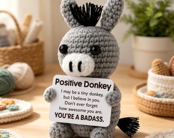 Positive Crochet Donkey Doll, Funny Encouragement Gift for Friends, Cheer Up Present, White Elephant & Student Reward