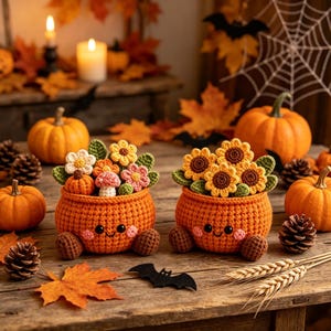 Handmade Crochet Pumpkin Flower Pot, Cute Fall Desk & Tiered Tray Decor, Halloween and Harvest Festival Gift for Coworker, Friend, Family