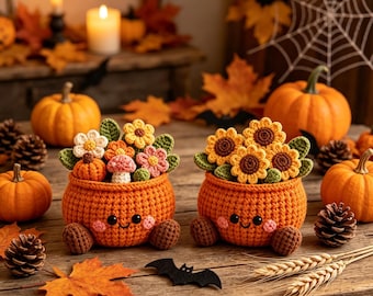Handmade Crochet Pumpkin Flower Pot, Cute Fall Desk & Tiered Tray Decor, Halloween and Harvest Festival Gift for Coworker, Friend, Family
