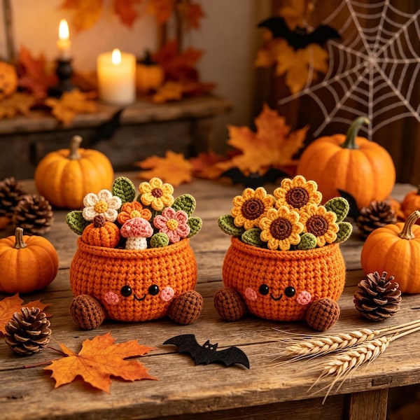 Handgjord virkad pumpakruka, söt höstdekoration med skrivbord och flerskiktad bricka, Halloween- och skördefestpresent till kollega, vän, familj