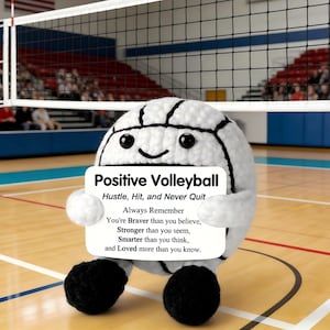 May include: A white and black volleyball plush toy with a smiling face, holding a sign that reads "Positive Volleyball." The sign includes motivational text. The background shows a volleyball net and a sports arena.