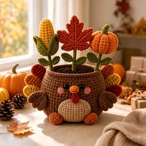 Crochet Turkey Flower Pot, Fall Harvest Corn Maple Pumpkin Arrangement, Thanksgiving Table Decor, Holiday Gift for Family & Friends