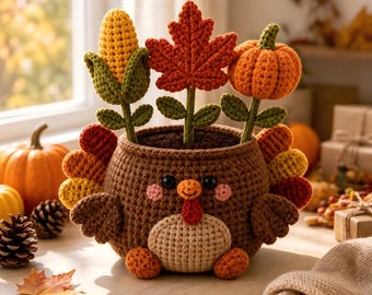 Crochet Turkey Flower Pot, Fall Harvest Corn Maple Pumpkin Arrangement, Thanksgiving Table Decor, Holiday Gift for Family & Friends