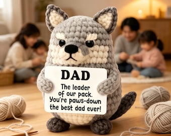 Handmade Crochet Wolf Plush, Customizable Wolf Gift for Dad, Husband & Love, Funny Pack Leader Sentiment