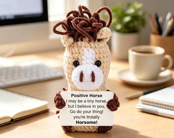 Handmade Crochet Horse Pocket Hug, Positive Encouragement Plush, Horsome Pun Gift, Cheer Up Desk Buddy, Thoughtful Friend Gift