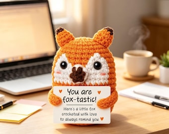 Handmade Crochet Fox Plush with Positive Message, Cute Encouragement Gift for Friends, Cheer-Up Pocket Hug