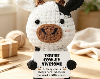 Handmade Crochet Positive Cow Plush, “You’re Cow-ly Awesome” Encouragement Doll, Cheer Up Gift & Desk Decor
