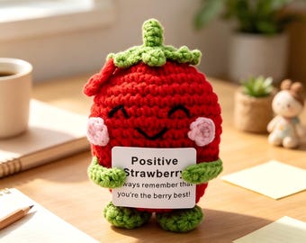 Handmade Crochet Positive Strawberry Plush, Punny Pick Me Up Gift, Cute Desk Decor
