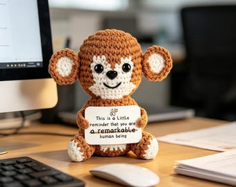 Handmade Crochet Monkey Plush, Positive Affirmation Desk Buddy, Encouragement Gift For Coworker Friend Student Teacher Loved Ones