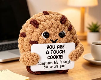 Handmade Crochet Positive Cookie Plush, "You Are a Tough Cookie" Encouragement Amigurumi, Punny Desk Decor Pick Me Up Gift