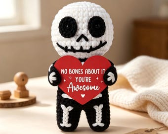 Handmade Crochet Skeleton Plush, "You're a Bone-afide Legend" Punny Encouragement Gift, Gothic Halloween Desk Decor