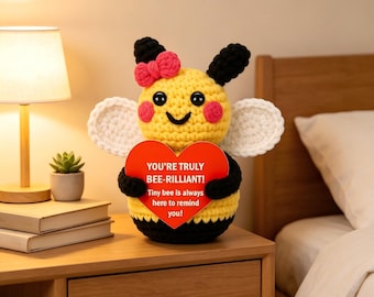 Handmade Crochet Positive Bee Plush, Bee-Rilliant Pun Desk Buddy, Cheer Up Encouragement Gift