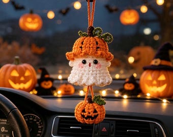 Handmade Crochet Ghost Car Charm, Halloween Rearview Mirror Hanging Ornament, Cute Ghost Car Accessory, Fall Holiday Gift