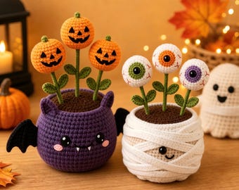 Halloween Crochet Potted Plant, Spooky Cute Amigurumi Decor, Handmade Halloween Desk Ornament, Fall Gift Idea