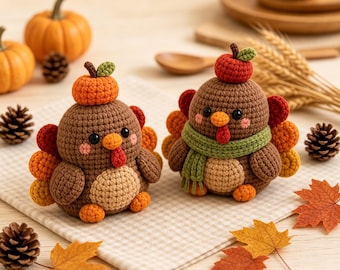 Crochet Turkey Doll Set, Fall Thanksgiving Figurines, Mini Harvest Table Ornament, Farmhouse Tier Tray Decor, Holiday Housewarming Gift