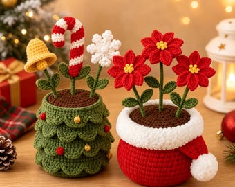 Handmade Crochet Christmas Plant Pot Set, Festive Amigurumi Tiered Tray Decor, Cute Winter Gift