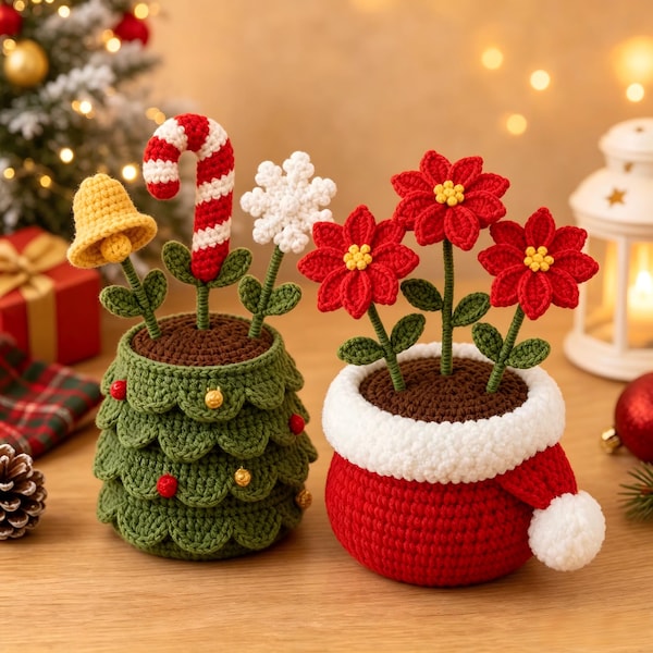 Juego de macetas navideñas de ganchillo hechas a mano, bandeja decorativa escalonada de amigurumi festiva, lindo regalo de invierno