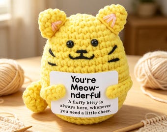 Handmade Crochet Cat Plush, "You're Meow-nderful" Positive Affirmation Gift for Cat Lovers