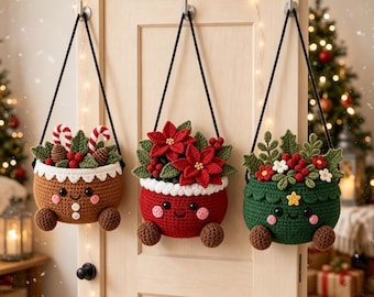 Crochet Xmas Hanging Pot Set, Assorted Floral Fillers, Wall Door Decor, Farmhouse Tier Tray Ornament, Housewarming Gift