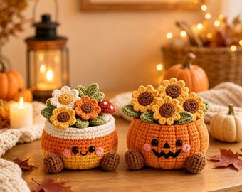 Crochet Halloween Character Flower Pot, Cute Fall Desk Decor, Thanksgiving and Halloween Gift for Coworker, Friend, Family