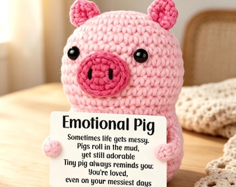 Crochet Emotional Pig Plush, Funny Affirmation Desk Buddy, Cheer Up Gift for Friends & Coworkers