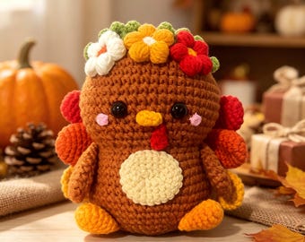 Crochet Flower‑Crown Turkey Doll, Fall Table Decor, Harvest Ornament, Gift for Family & Fall Lovers