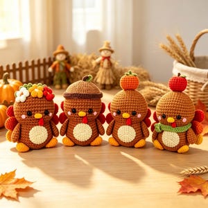 May include: Four crocheted turkey figurines in brown yarn with cream-colored bellies, orange feet, and red wattles. Each turkey features a unique topper: floral accents, a brown acorn cap, a small orange pumpkin, and a red apple with a green scarf.