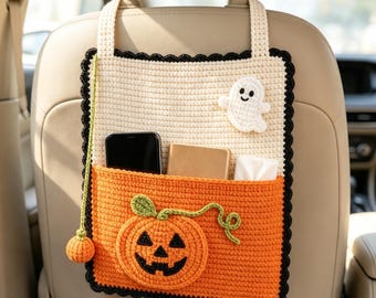 Handmade Crochet Halloween Car Seat Organizer, Multiple Spooky Designs, Cute Backseat Storage Bag, Fall & Halloween Gift for Car Lovers